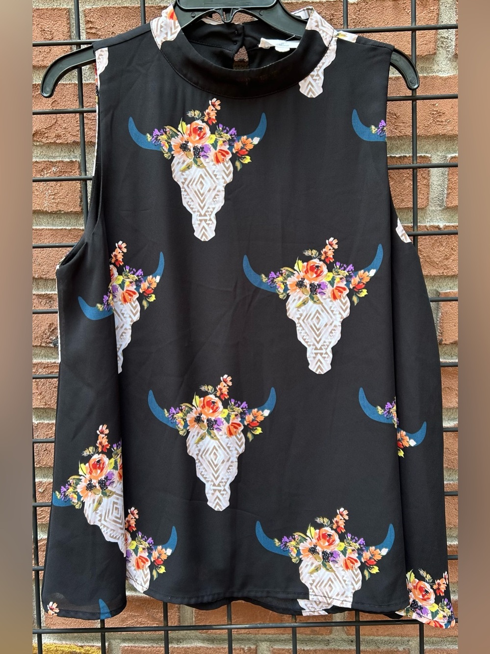 Peach Love California Black Floral Bull Skull Shell Top